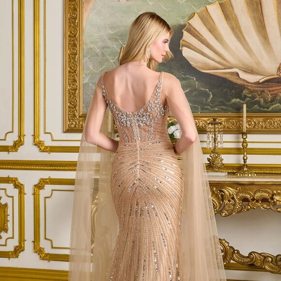 New Champagne Pageant Sheath Gown w/ Cape Sleeves & Dazzling Beadwork GL3665 - Picture 13 of 14